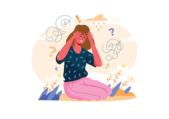 A woman sits on the ground holding her head with her hands, surrounded by swirling patterns and flowers, expressing feelings of confusion. Vector illustration