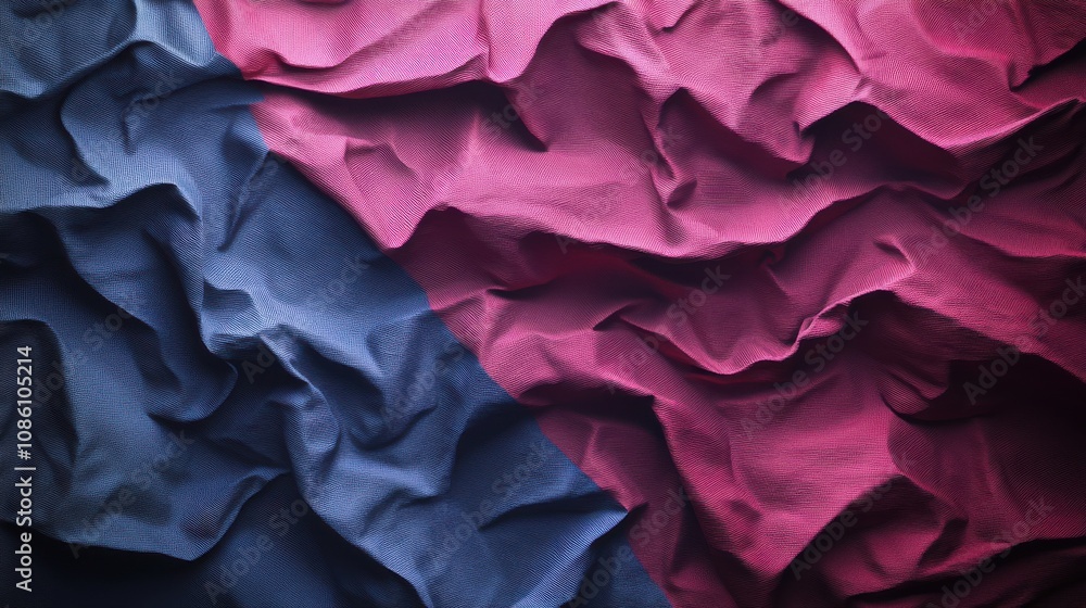 Poster a close-up of crumpled fabric in shades of blue and pink, creating an abstract and textured composit