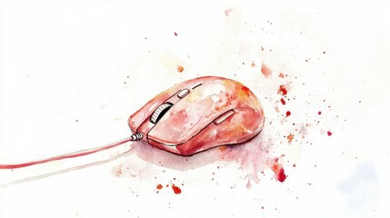 Celebration of computer mouse day with artistic watercolor design. Horizontal banner. Copy space. Pink computer mouse on a white background. Watercolor illustration. Day of the Programmer