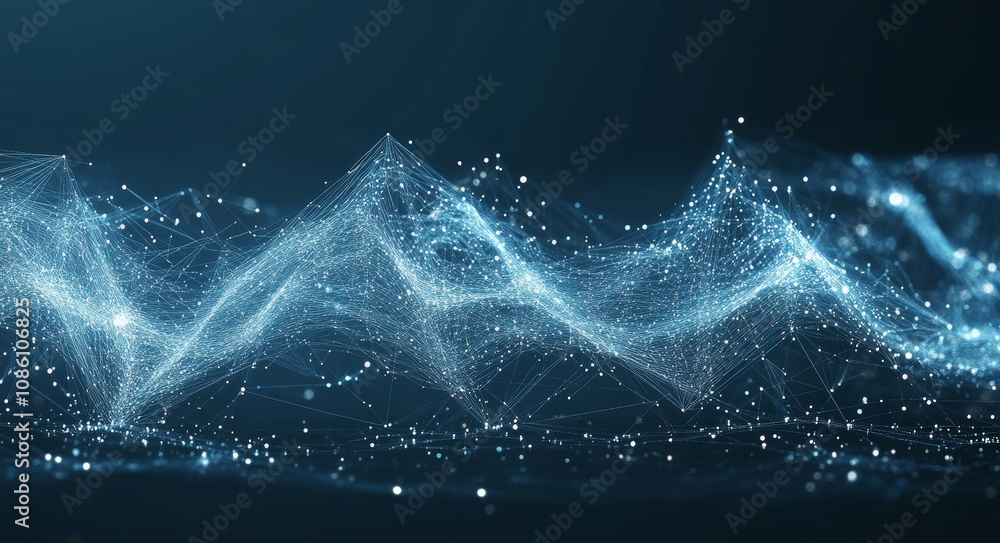 Poster digital abstract wave motion pattern and dynamic mesh line on dark blue background. modern futuristi