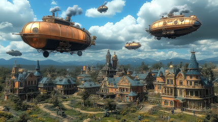 Fototapeta premium Enchanting steampunk landscape with vintage airships and elaborate architecture, perfect for wall art, posters, and imaginative backgrounds.
