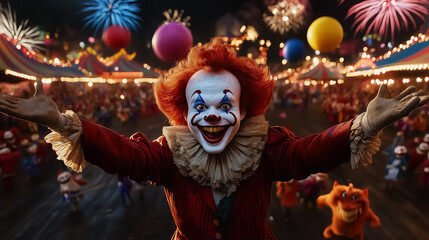 Vibrant clown welcoming you to a festive carnival with fireworks, perfect for wall art, posters, and decorations for parties and celebrations.