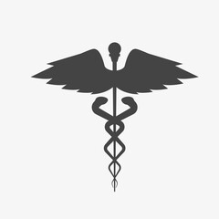 Caduceus logo illustration. Symbol of medicine. Rod with wings and two serpents. Isolated on white background. Vector
