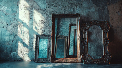 A display of decorative mirrors with ornate frames against a textured wall showcasing vintage craftsmanship
