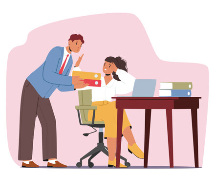 Man coworker demonstrating unwanted attention to woman employee trying to kiss her in office