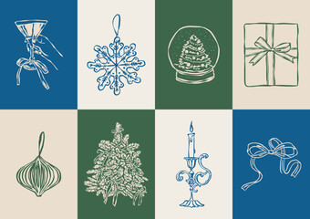 Christmas vector doodles collection. Art for greeting cards, wedding invitations, poster design, postcards, branding, logo design, background. Matisse style doodles.