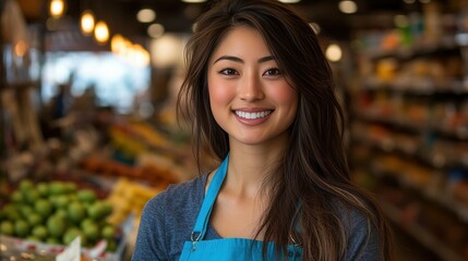 A cheerful young woman stands confidently in a bustling grocery store, surrounded by fresh fruits and vegetables, brightening the atmosphere with her friendly smile