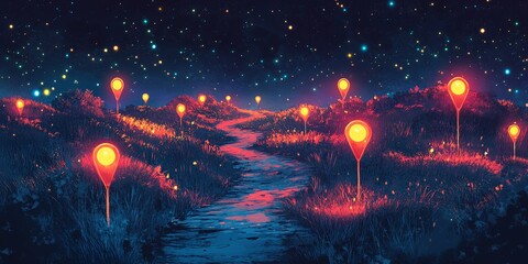 Obraz premium A Winding Pathway Illuminated by Glowing Markers Under a Starry Night Sky Creates a Mystical Atmosphere in a Serene Landscape