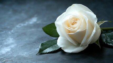 A delicate white rose rests on a dark surface, its soft petals creating a striking contrast with the rich background. Green leaves add a touch of freshness to the composition