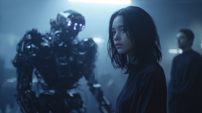 A woman stands in front of a robot