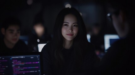 Fototapeta premium A woman is sitting at a computer with a man behind her