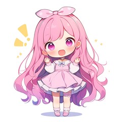 Cute anime girl with pink hair and dress.  Kawaii character design.