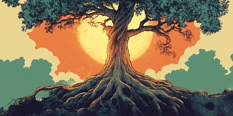 Fototapeta premium A Majestic Tree Stands Tall With Twisting Roots Beneath a Vibrant Sunset, Surrounded by a Colorful Sky and Distant Foliage, Showcasing Nature's Beauty in a Serene Landscape