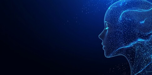 Obraz premium This design depicts the concept of big data and stock in the form of a woman's face on a dark blue technology background.