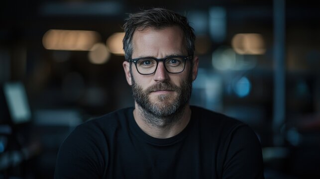 A man with glasses and a beard is sitting in a dark room
