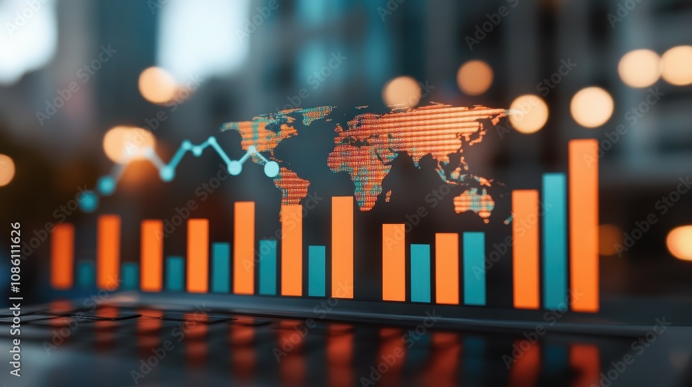 Poster data analytics showcasing fluctuating market trends with vibrant graphs and charts on a digital inte