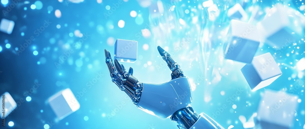 Poster 3d rendering of robot hand pressing a keyboard on blue technology background. stock concept.