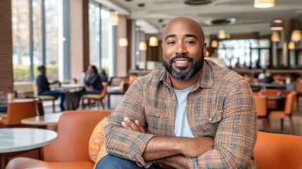 Obraz premium A smiling man with a well-groomed beard sits in a stylish cafe, displaying confidence and comfort. He enjoys his time in the inviting, warm space filled with people