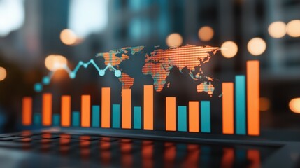 Data analytics showcasing fluctuating market trends with vibrant graphs and charts on a digital interface in an urban environment during the evening