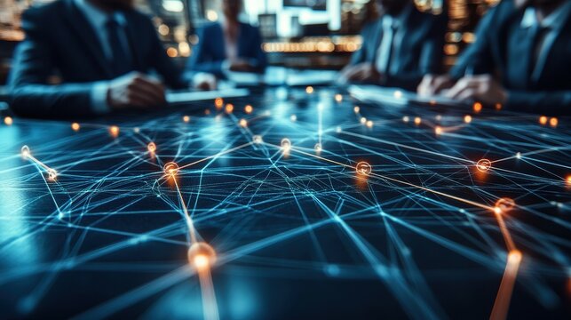 A group of business professionals is engaged in a collaborative discussion at a modern conference table filled with digital graphics and data points. The atmosphere is focused and dynamic