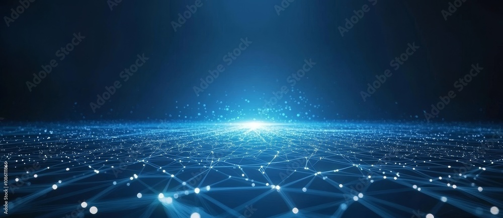 Poster three-dimensional rendering of an abstract wave with moving dots and lines. particles flow across th