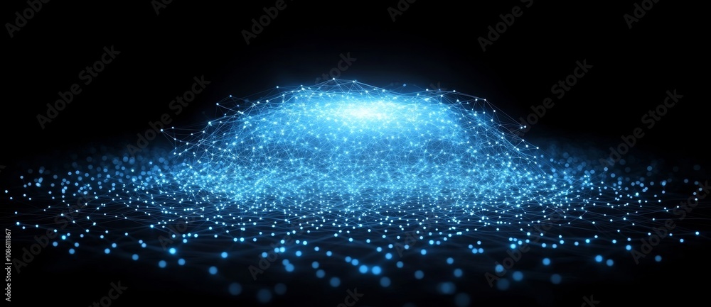 Poster 3d rendering of an abstract wave with moving dots and lines. cyber technology illustration.
