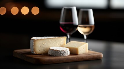 A cheese plate with a wedge of cheese and two wine glasses