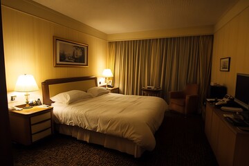 Empty hotel room at night. Concept of rest, relaxation, and travel.