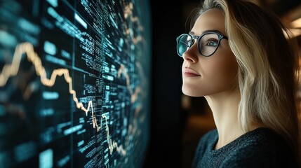 In a contemporary office, a young woman with glasses focuses intently on a large screen displaying fluctuating financial graphs and data trends late at night
