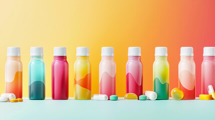 A vibrant collection of health supplements arranged neatly in colorful bottles on a gradient background