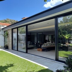 A stylish modern house is showcased with expansive glass walls allowing natural light to flood the interior, surrounded by a vibrant green garden and clear blue skies