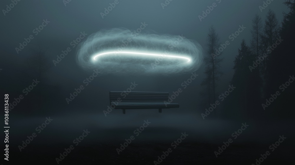 Aufkleber a bench is suspended in the air with a glowing object in the background