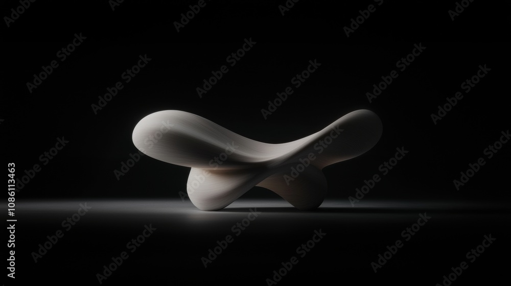Poster a white object with a curved shape is sitting on a dark surface