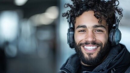 Obraz premium A man with a beard and a smile is wearing headphones