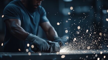 A man is working with a power tool, creating sparks and debris