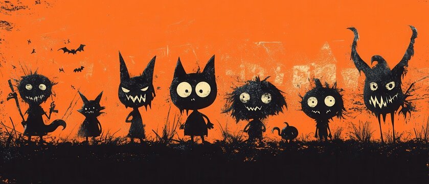 Whimsical Halloween characters in black and orange enjoying a playful night filled with laughter and spookiness under a spooky moonlit sky