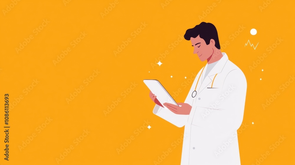 Poster A doctor dressed in a white coat focuses on a tablet, engaging with medical data in a bright and cheerful environment. Generative AI