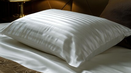 Fototapeta premium A plush white pillow is positioned on silky bedding in a refined hotel room. The soft fabric reflects gentle light, creating a serene atmosphere perfect for relaxation
