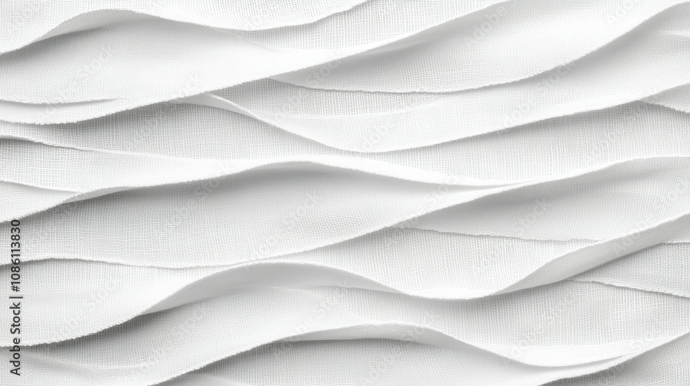 Poster The soft white fabric features elegant waves and folds that create a serene texture, illuminated by natural light in a calm studio environment