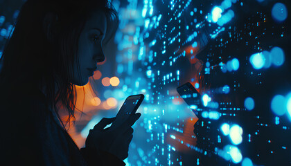 Woman, tech overlay and cellphone in office for finance research, data analytics or coding in night. Cybersecurity expert, focus and happy in dark workplace with 3d hologram abstract for programming