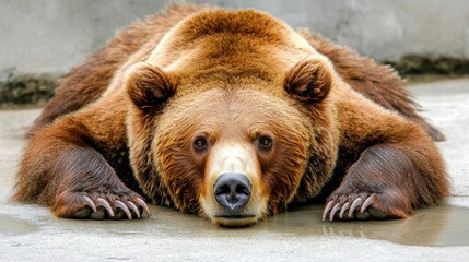 Obraz premium A large brown bear is resting with its body sprawled out on a concrete surface, enjoying the warm summer sun in a wildlife sanctuary setting