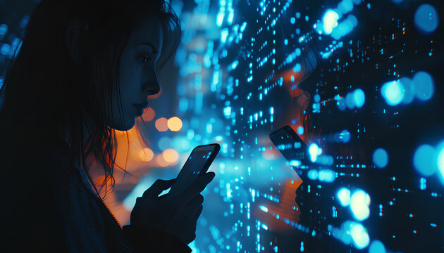 Woman, tech overlay and cellphone in office for finance research, data analytics or coding in night. Cybersecurity expert, focus and happy in dark workplace with 3d hologram abstract for programming