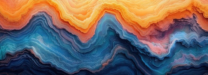 Psychedelic wavy lines in peach and blue hues create a minimalist visual experience reminiscent of various artistic styles at sunset