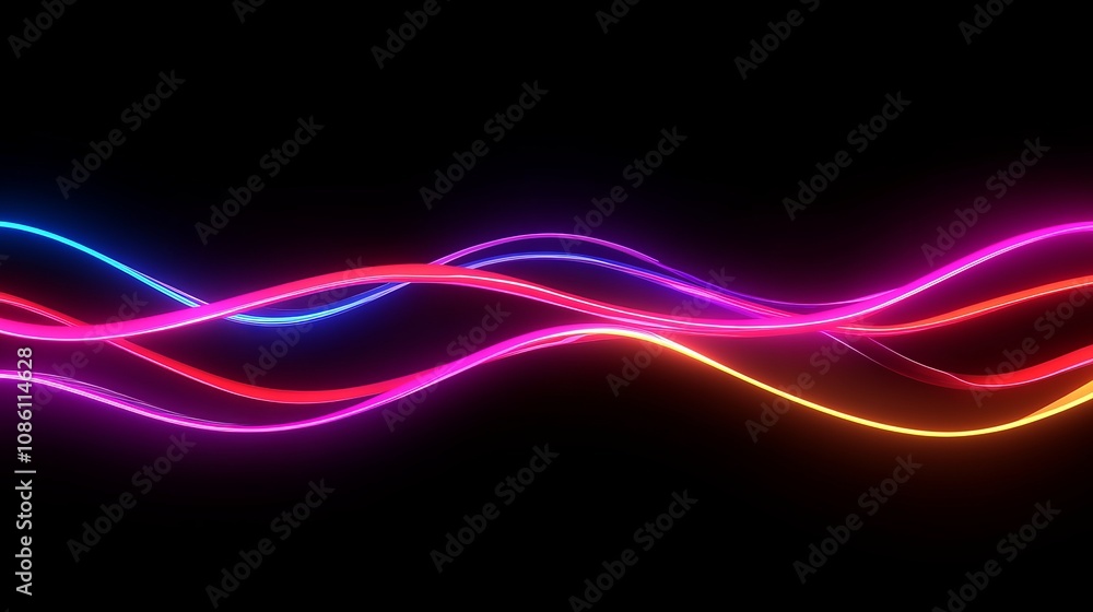 Poster a simple wallpaper with a colorful neon wavy line glowing in the dark. rendering in 3d.