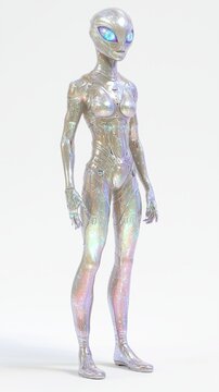 Futuristic Alien Female Character in Bioluminescent Suit - Ultra-Detailed 3D Model with Iridescent Skin and Intricate Markings on Isolated White Background