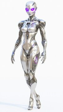 Futuristic Alien Female Character with Metallic Silver Skin and Glowing Tattoos in Chic Outfit on White Background - Ultra-Detailed 3D Model