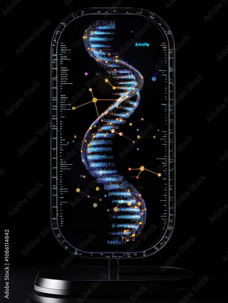 Poster a detailed depiction of dna's double helix structure highlighted in bright colors, surrounded by gen