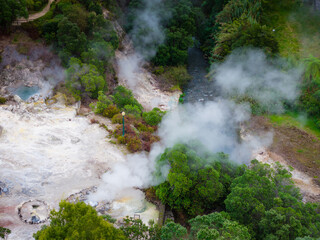 Furnas hot thermal springs, Sao Miguel Island, Azores, Portugal. Aerial drone view of Furnas village and Caldeira do Asmodeu