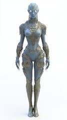 Futuristic Alien Female Character in Advanced Technology Armor Suit on Isolated White Background with Cobalt Skin and Silver Eyes, Ultra-Detailed 3D Model