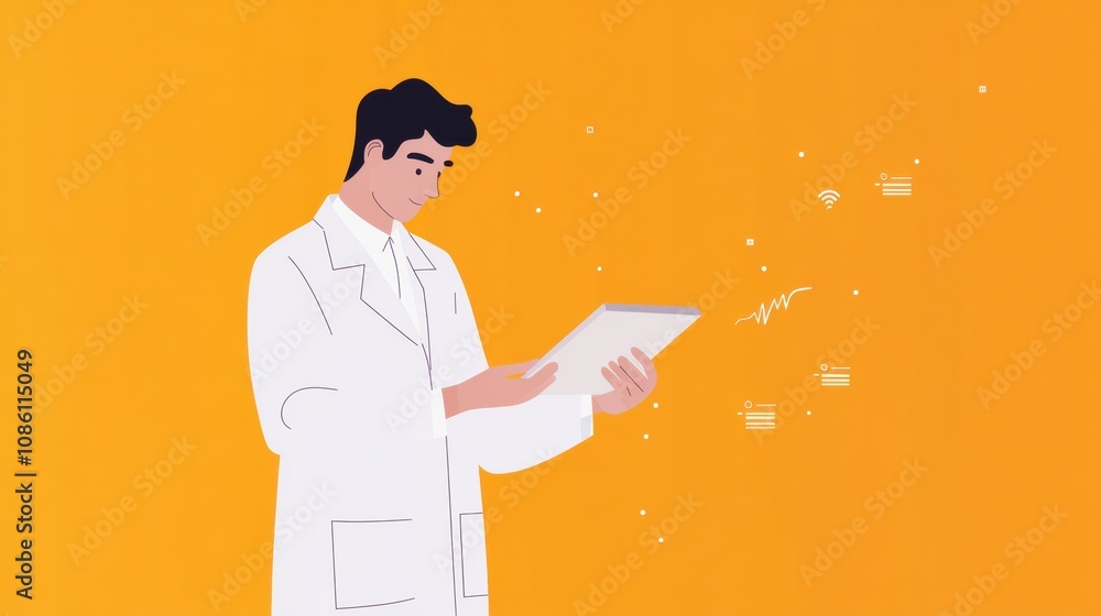 Fototapete A doctor in a pristine white coat analyzes patient information on a tablet, surrounded by icons representing data and connectivity. Generative AI